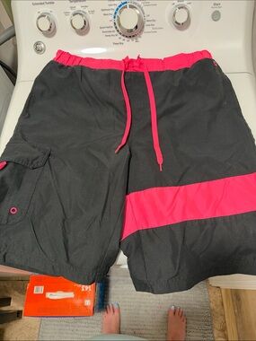 Men's Black and Hot Pink Drawstring Cargo Shorts